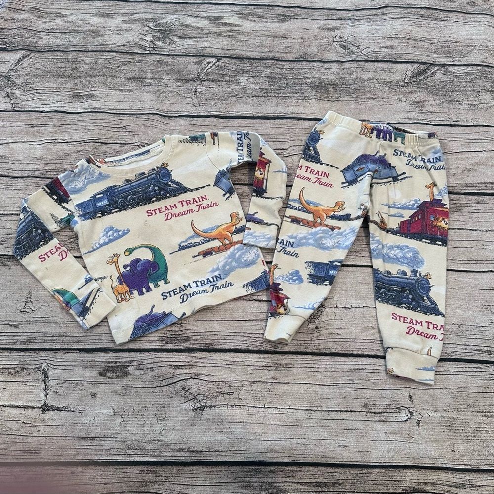 Kids Cream Books to bed Steam Train Dream Train Print Pajama Set Unisex Size 2t